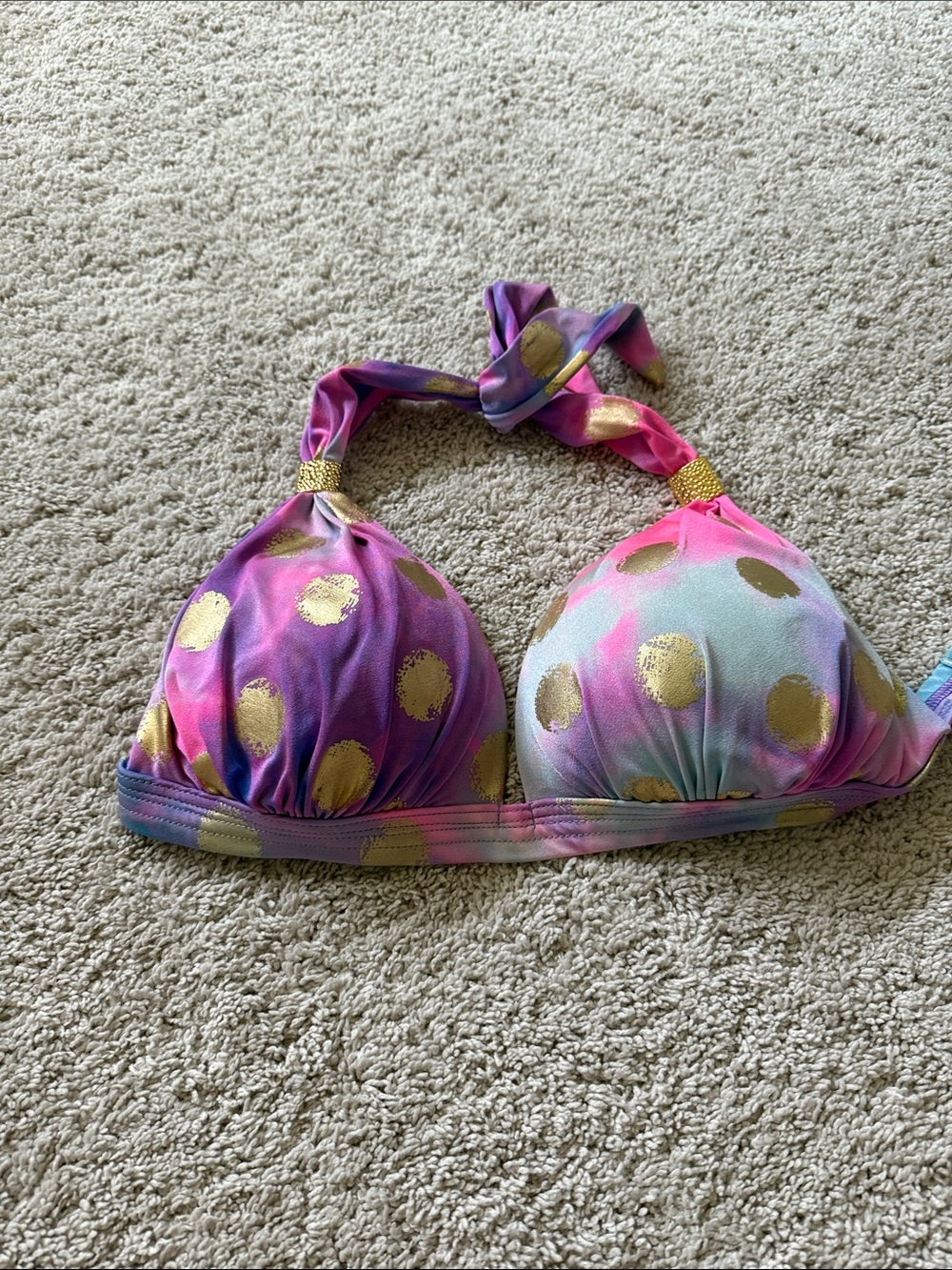 Multicolor Gold Polka Dot Halter Bikini Top